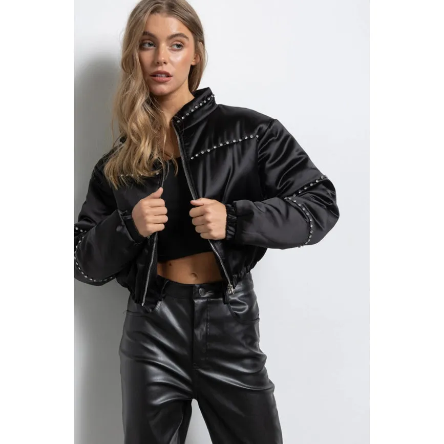 Women's Clothing Long Sleeve Satin Cropped Bomber Jacket Black