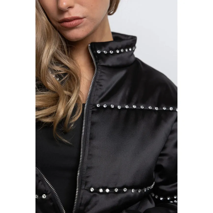 Women's Clothing Long Sleeve Satin Cropped Bomber Jacket Black