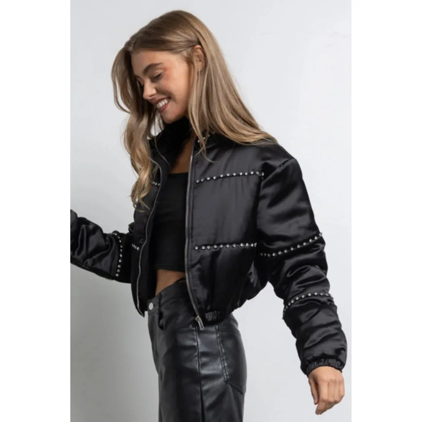 Women's Clothing Long Sleeve Satin Cropped Bomber Jacket Black