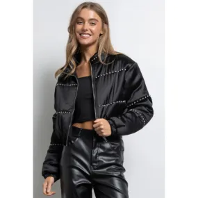 Women's Clothing Long Sleeve Satin Cropped Bomber Jacket Black