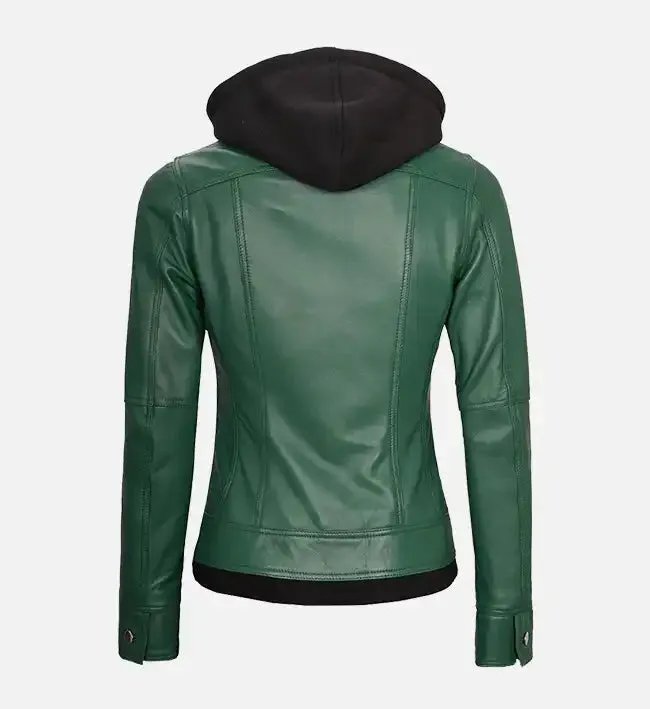 Women's Green Leather Jacket With Hood