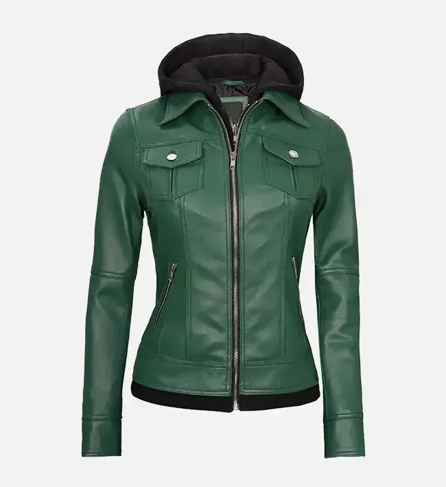 Women's Green Leather Jacket With Hood