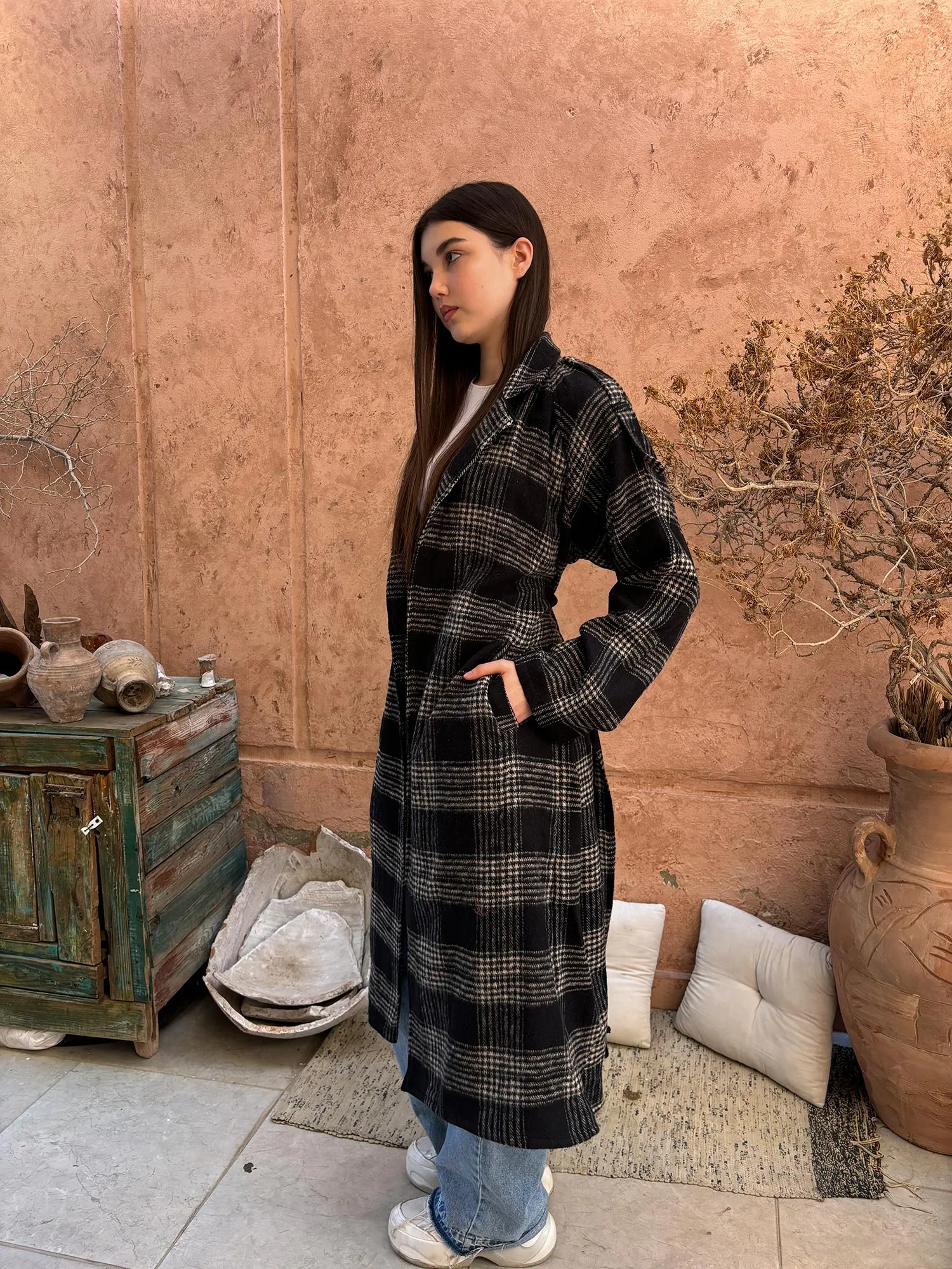 Wool Checked Belted Trench Coat - Leocansa