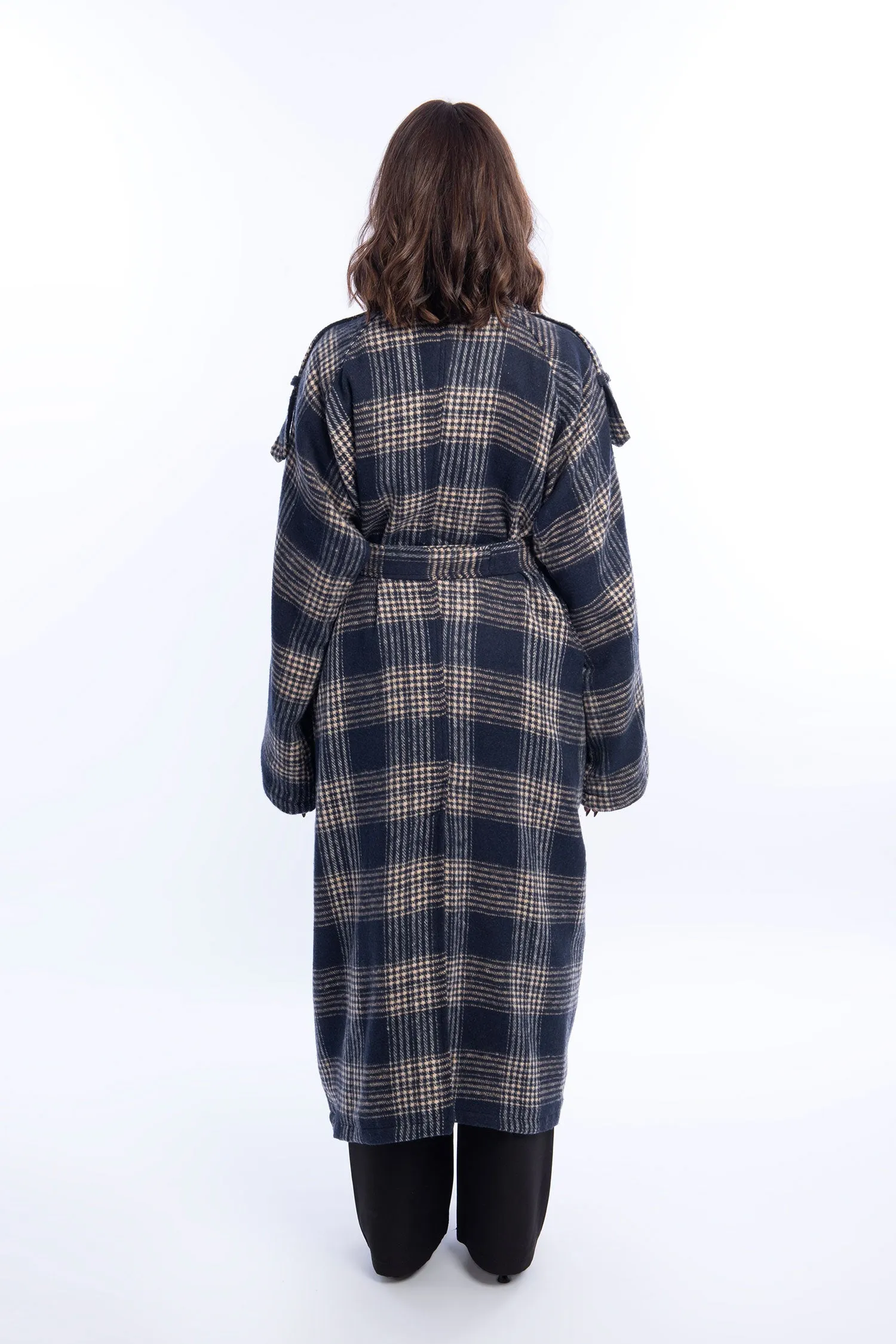 Wool Checked Belted Trench Coat - Leocansa