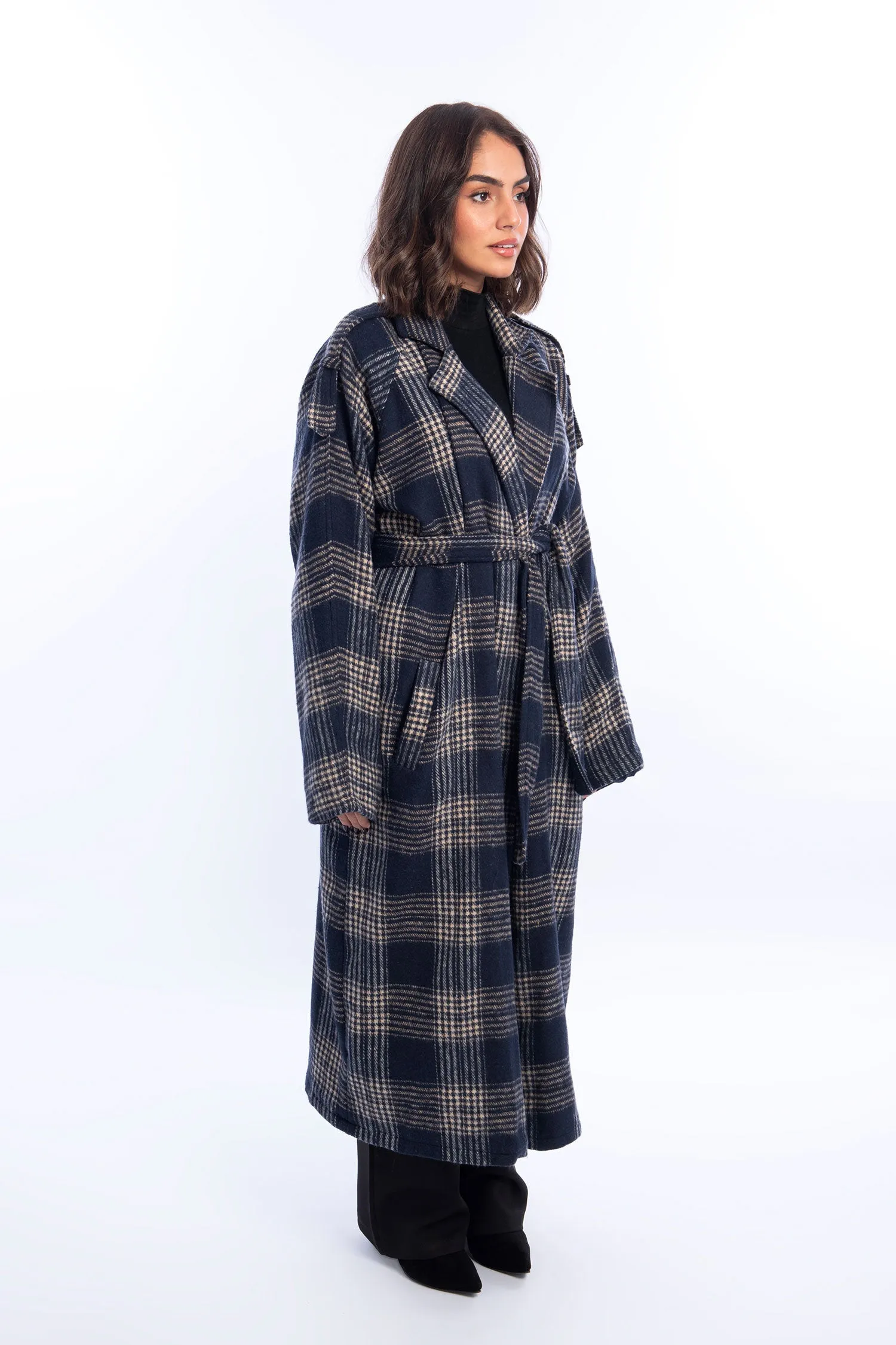 Wool Checked Belted Trench Coat - Leocansa