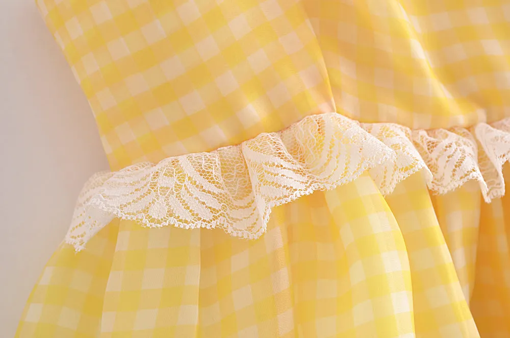 Yellow Plaid Puff Charming Babydoll Mini Dress