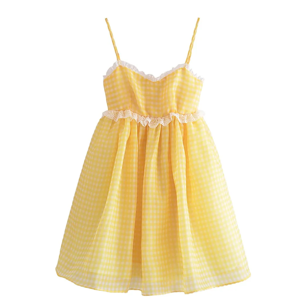 Yellow Plaid Puff Charming Babydoll Mini Dress