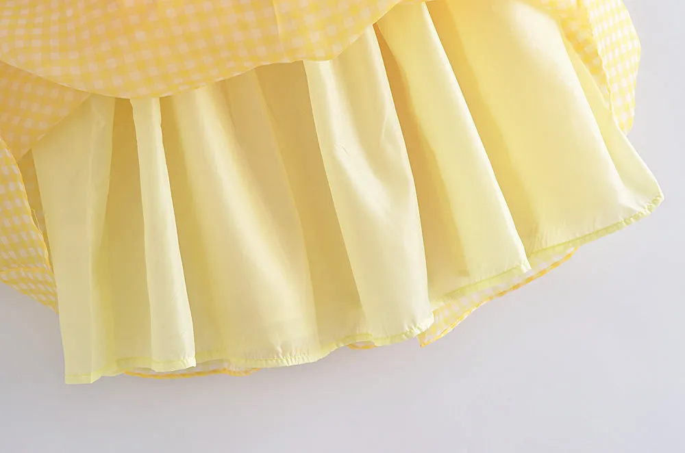 Yellow Plaid Puff Charming Babydoll Mini Dress