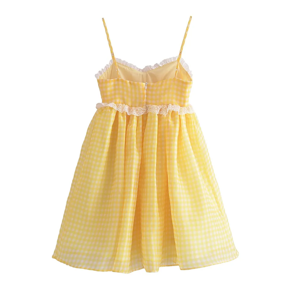 Yellow Plaid Puff Charming Babydoll Mini Dress